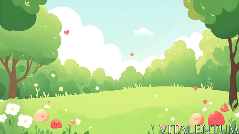 Whimsical Forest Landscape with Playful Characters and Love