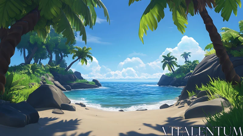 Tropical beach cove framed by dense palm vegetation and rocky outcrops.