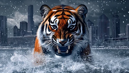 Hyper-detailed tiger charge through icy water before urban skyline