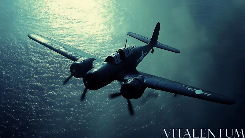 Cinematic aerial study of WWII naval aircraft over ocean dusk.