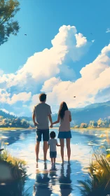 Family beside sunlit lake under towering summer clouds.