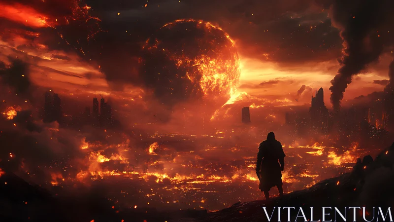 Lone wanderer under collapsing inferno worldscape.