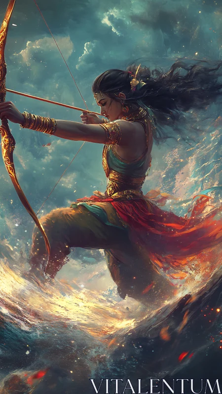 Storm-sculpted archer threads burning dawn through waves