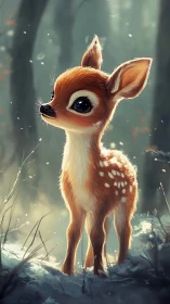Young deer stands in snowy forest with soft backlighting