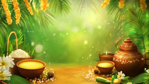 Digital painting of festive Indian ritual still life arrangement.