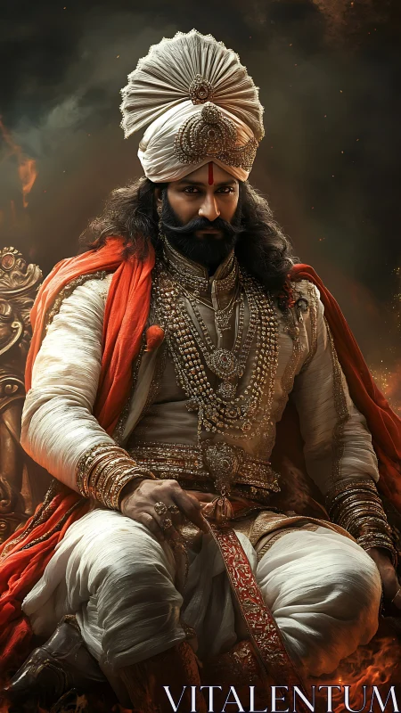 Regal warrior sits in ornate attire against smoky backdrop