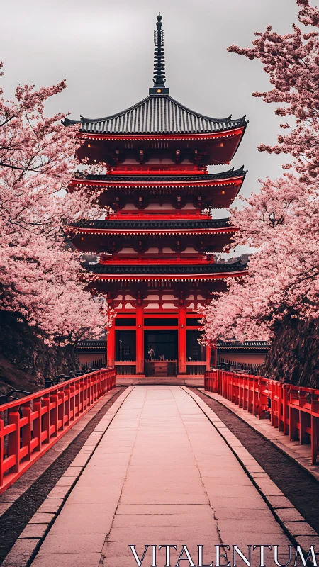 Cherry blossom path leads toward vivid red Japanese pagoda