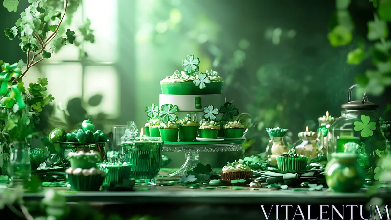 Green dessert table with shamrock motifs under soft light.