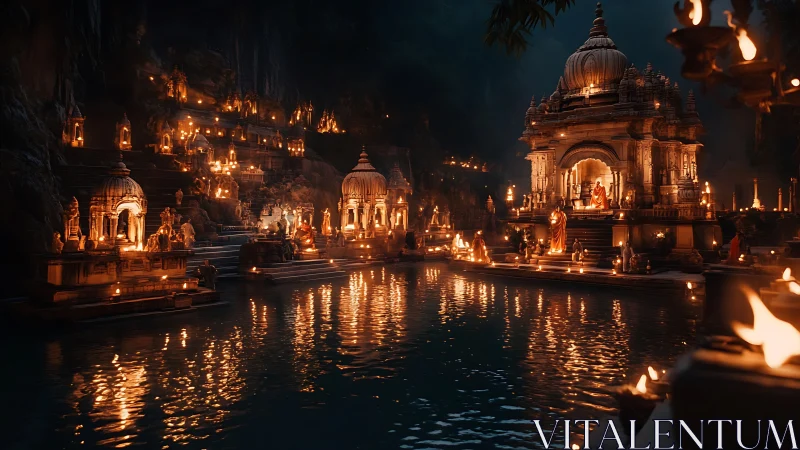 Candlelit riverside temple complex rendered with high dynamic contrast