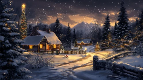Snowy mountain village glows under warm Christmas lights