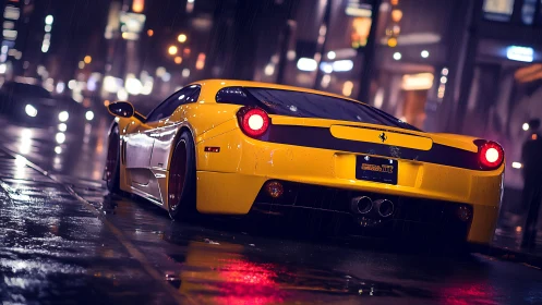 Yellow mid‑engine supercar in rain‑soaked urban night lighting