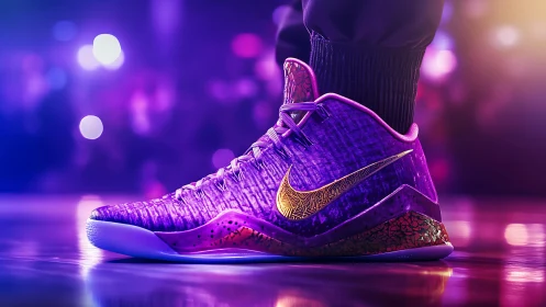 Iridescent basketball sneaker glows under neon arena lighting