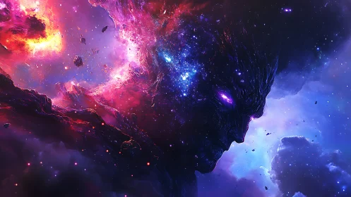 Cosmic titan awakens within a nebular storm of starlight.