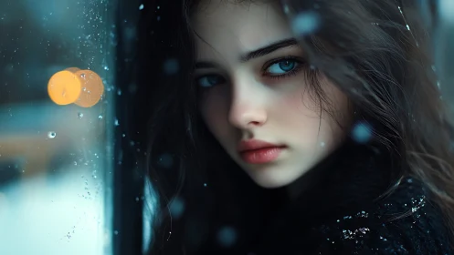 Blue eyed girl watches snowfall through rain streaked glass.