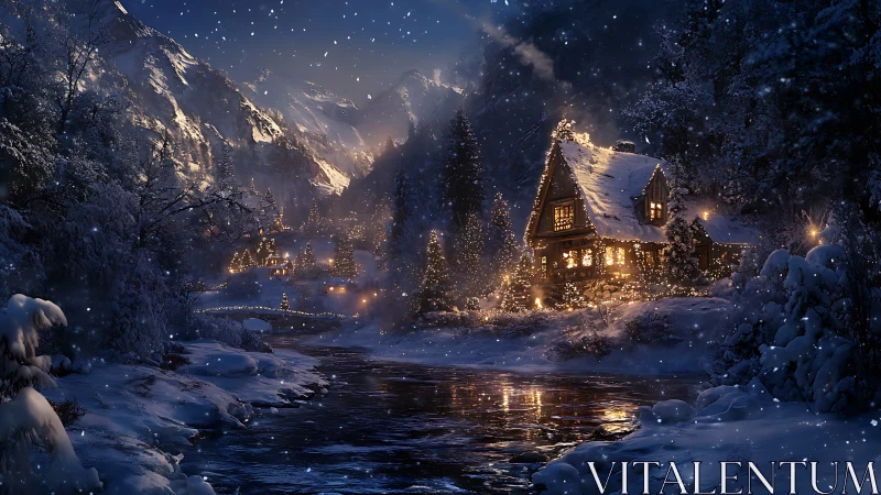 Snowy alpine cabin glows beside reflective winter river.