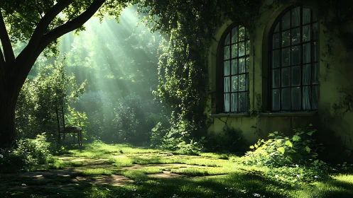 Radiant arboreal courtyard with ivy glazed-arc window facade.