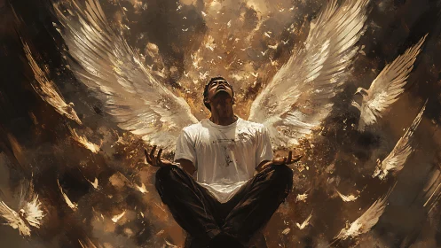 Soaring human angel rises in a storm of glowing white wings
