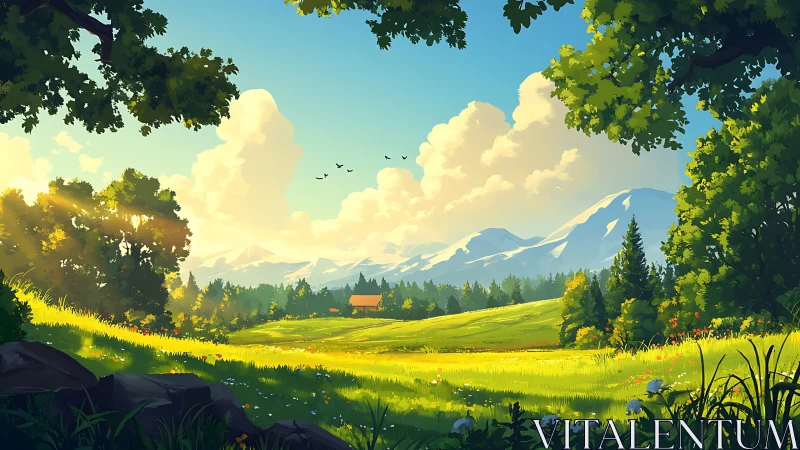 Sunlit alpine meadow frames distant blue mountain range.