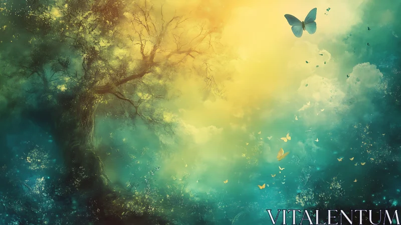 Luminous arboreal canopy with butterfly swarm diffusion field.