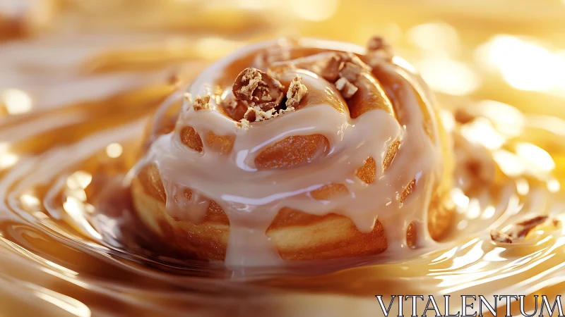 Caramel glazed cinnamon roll with pecan topping in syrup.