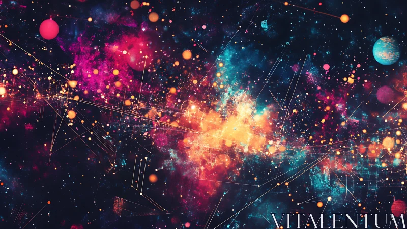 Vibrant cosmic data stream merges galaxies with neon light