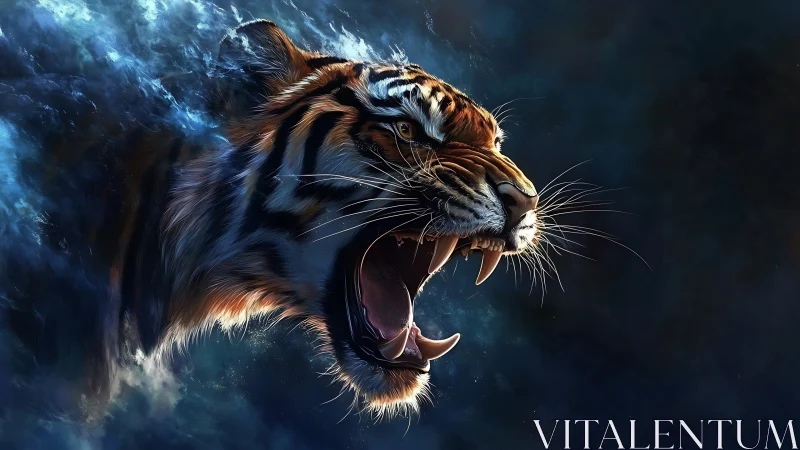 Roaring Bengal tiger materializing through swirling blue mist
