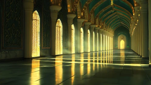 Sunlit ornate corridor with gold arches and columns interior.