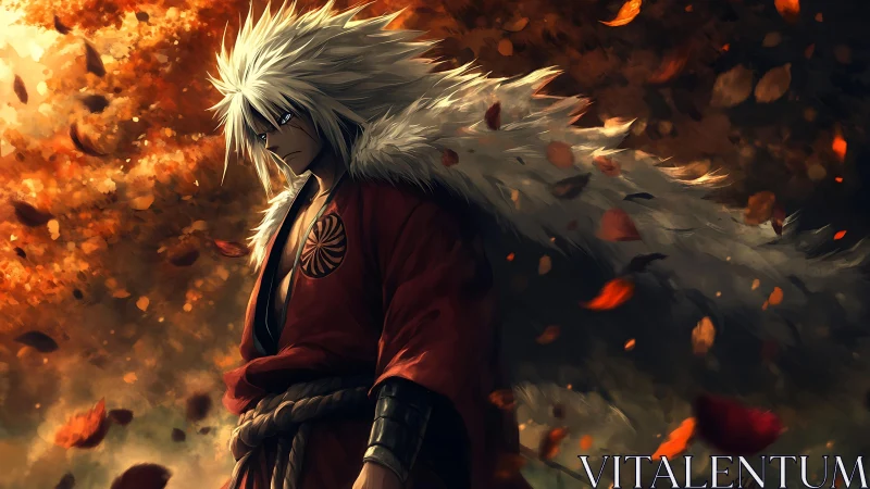 White haired warrior stands in red robe amid swirling leaves