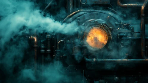 Steam boiler door glows amid teal industrial smoke
