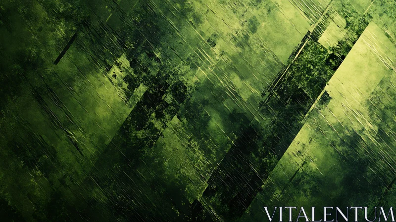 Abstract green textured painting with geometric lines and modern style.