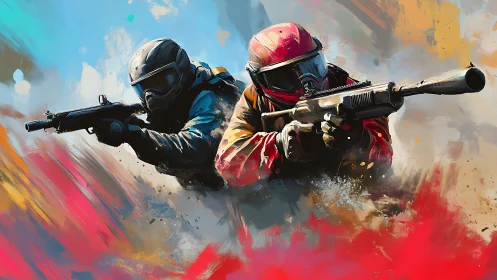 Armored soldiers sprint through abstract battlefield fire