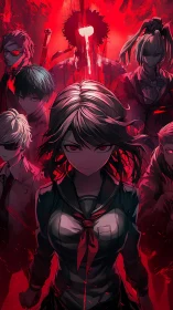 Dark anime squad under red light with vengeful heroine.