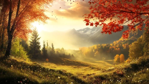 Sunlit autumn valley cradled by misty, distant mountains.