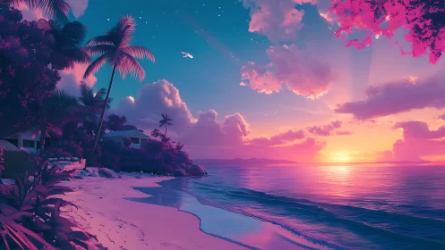 Dreamy tropical shoreline glowing in soft sunset colors.
