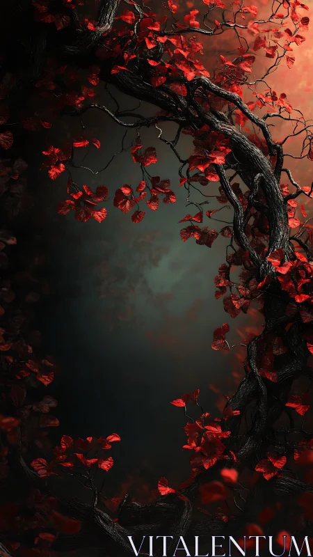 Crimson vines frame dark void with moody cinematic light.