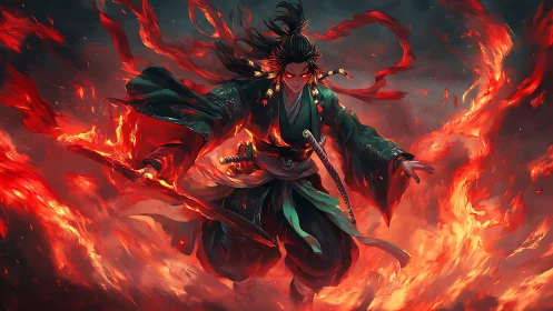 Flame-wreathed samurai strides through a storm of burning sky