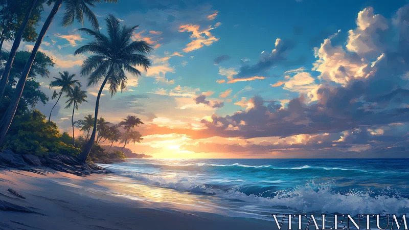 Tropical shoreline with palm trees at low sun over ocean.