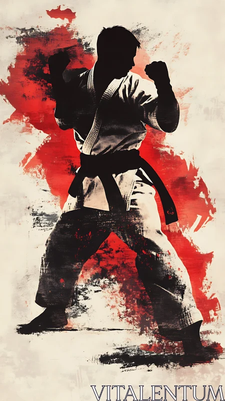 Karate black belt silhouette over bold red ink splashes.