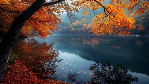 Autumn maple branches frame a tranquil misty lake view.