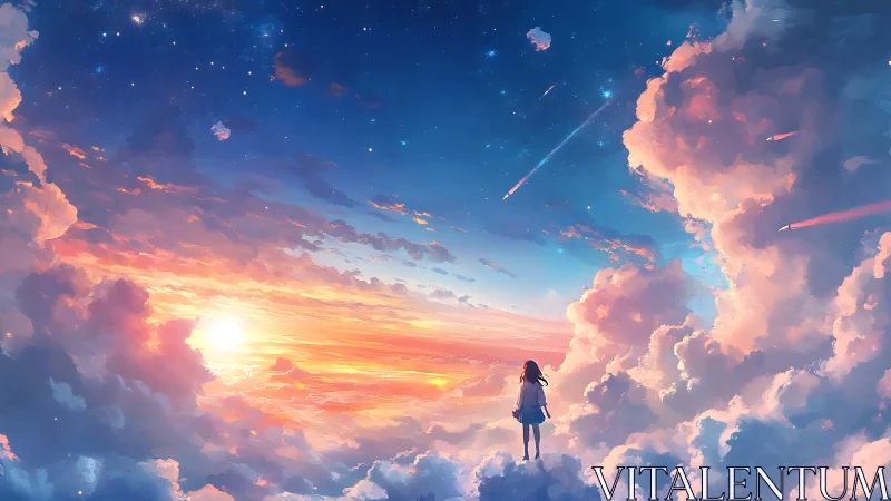 Girl Among Sunset Clouds Gazing Into a Dreamy Sky.