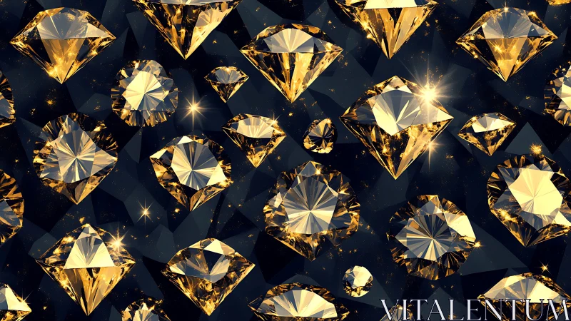 Golden faceted gemstones float on dark reflective backdrop