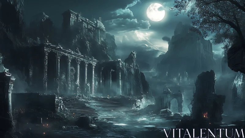Moonlit ruined citadel rises through mist and jagged cliffs