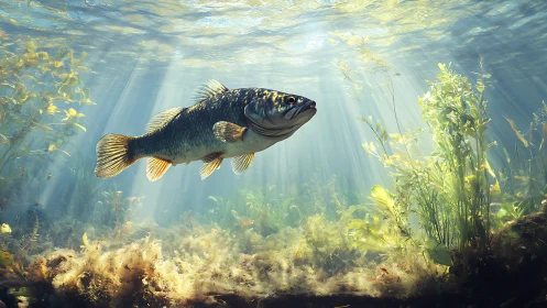 Sunlit underwater scene shows solitary fish among vegetation
