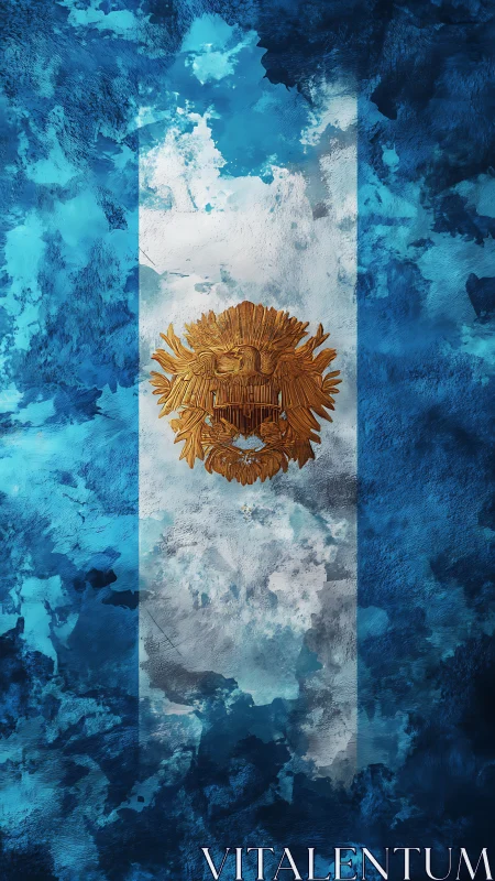 Glacial blue flagstorm cradling a golden carved emblem.