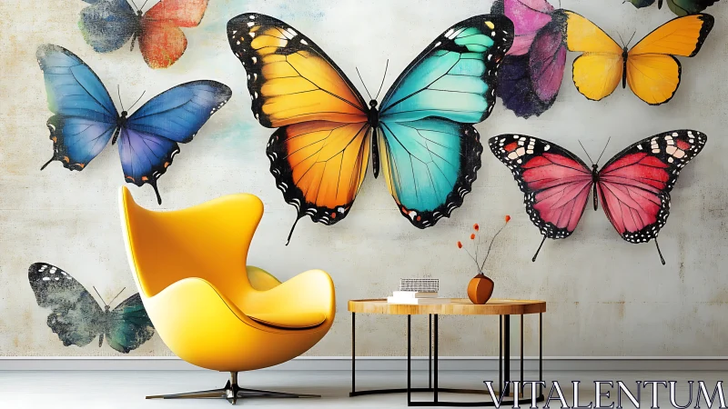 Vibrant butterfly mural enlivens a modern yellow lounge chair