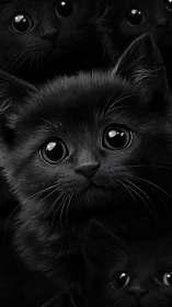 Monochromatic Black Cat Faces with Luminous Eyes and Fine Fur Detail