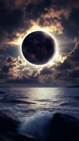 Digital painting of eclipsed planet above stormlit ocean horizon.