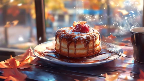 Plated cake with caramel glaze and berries, window cafe setting