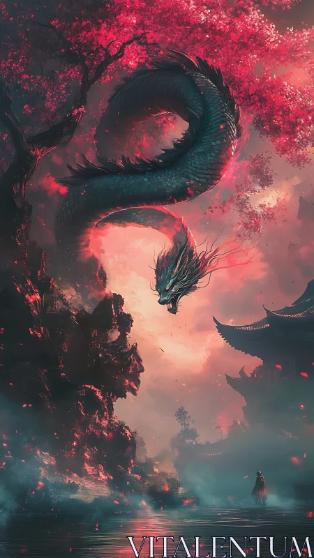 Celestial dragon over crimson shrine under storm sky.
