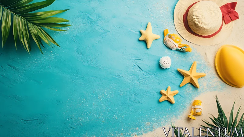 Summer beach flatlay with hat, starfish toys, and turquoise sand divide.